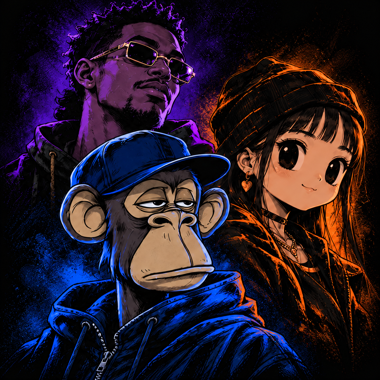 Purple trader, blue ape and orange anime character in a Web3-inspired illustration